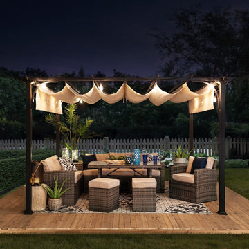 Outdoor Pergola 9 x 12 ft. Patio Black Steel Frame Pergola with Retractable Beige Canopy Shade for Backyard, Garden Activities
