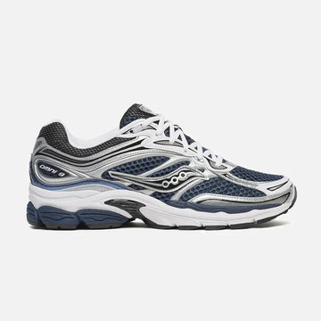 Navy and white running shoe on a white background