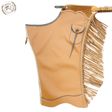 Tan Leather Fringe Chink Chaps with Pocket